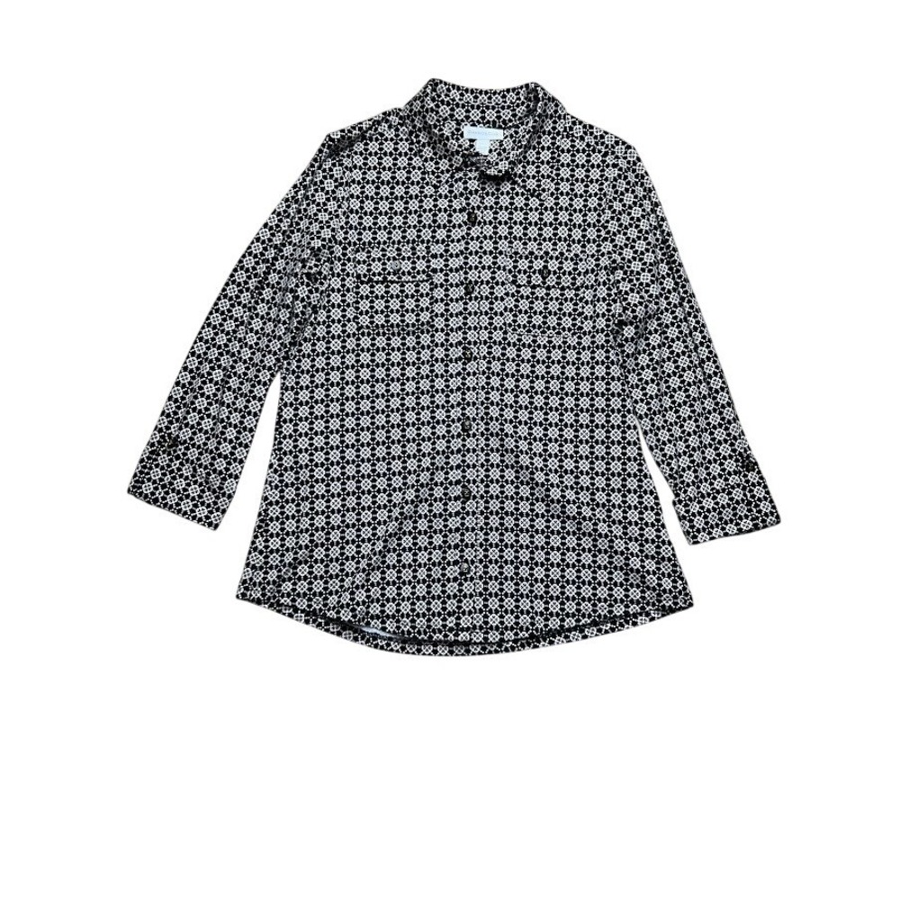 Charter Club Womens Black‎ Tan Geometric Medallion Button Down Shirt Size S
